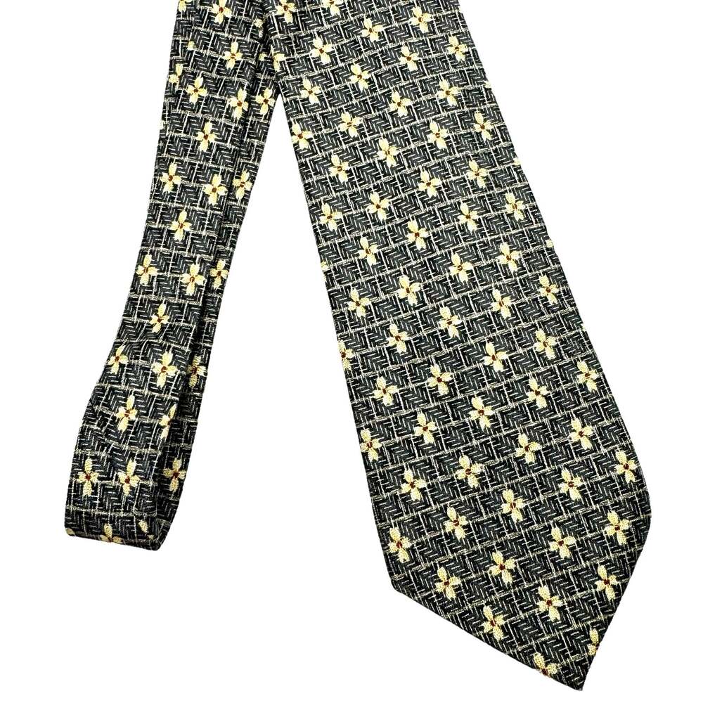 Claiborne Vintage 90s Y2K 100% Silk Black Cream Floral Print Men's Neck Tie